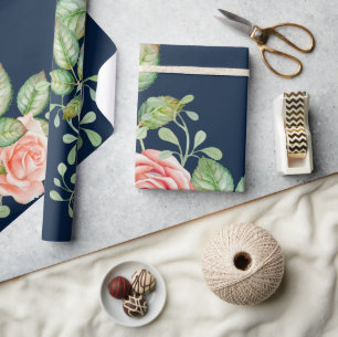 Pink Flowers Blue Wrapping Paper