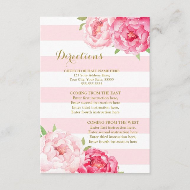 Pink Flowers Blush Stripe Wedding Direction Insert (Front)
