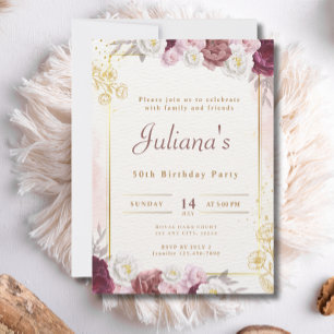 Pink Flowers Boho Elegant 50th Birthday Party Invitation