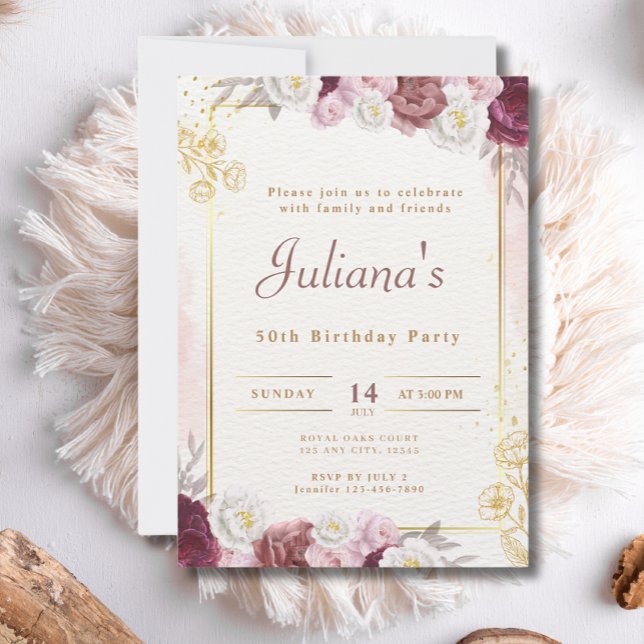 Pink Flowers Boho Elegant 50th Birthday Party Invitation (Creator Uploaded)