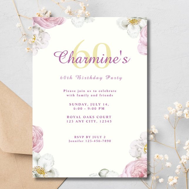 Pink Flowers Boho Elegant 60th Birthday Party Invitation (Creator Uploaded)
