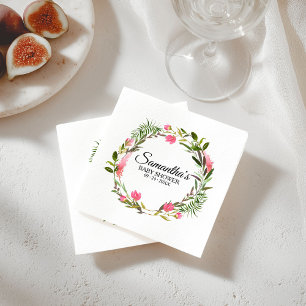 Pink Flowers Boho Floral Wreath Baby Shower Napkin