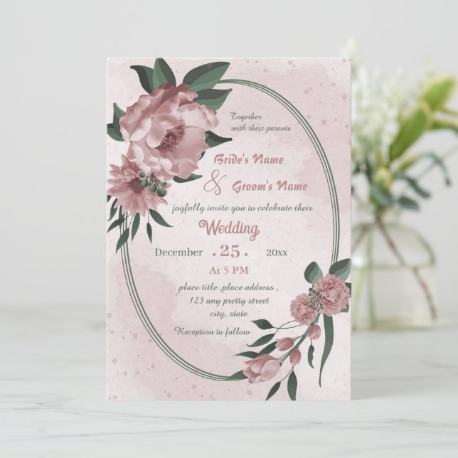 pink flowers botanical geometric wedding  invitation (Standing Front)