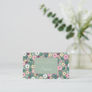 Pink flowers Botanical Green Design Business Card