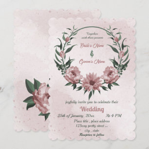 pink flowers botanical wreath wedding  invitation