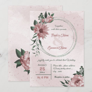 pink flowers botanical wreath wedding  invitation