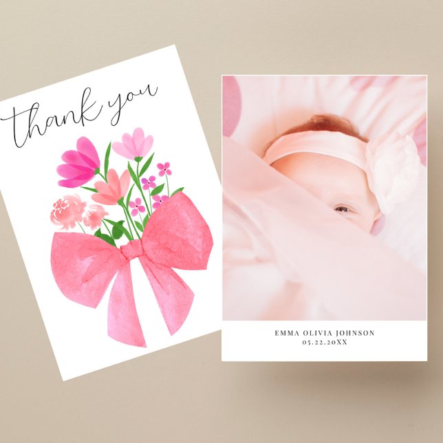 Pink Flowers Bouquet Photo Baby Shower  Thank You Card (Creator Uploaded)
