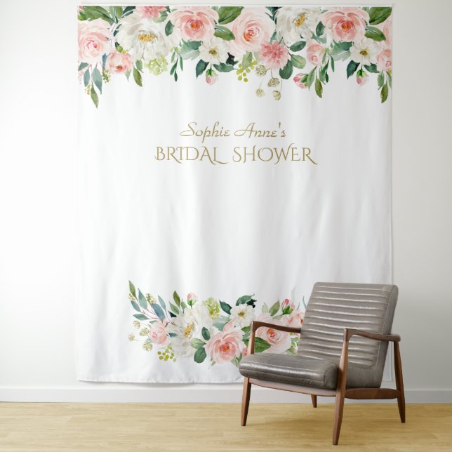 Pink Flowers Bridal Shower Photo Booth Backdrop Tapestry (In Situ)