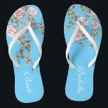 Pink Flowers Bright Blue Wedding Bride Jandals<br><div class="desc">The flops features pink flowers illustration on bright blue background, and a classic wedding words typography. This beautiful pair of elegant flip flops would be a beautiful something blue for a spring or summer wedding. ♥Customise it with your text by using the template fields. ♥ If you want to change...</div>