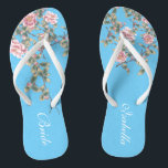 Pink Flowers Bright Blue Wedding Bride Jandals<br><div class="desc">The flops features pink flowers illustration on bright blue background, and a classic wedding words typography. This beautiful pair of elegant flip flops would be a beautiful something blue for a spring or summer wedding. ♥Customise it with your text by using the template fields. ♥ If you want to change...</div>