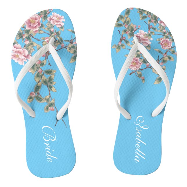 Pink Flowers Bright Blue Wedding Bride Jandals (Footbed)