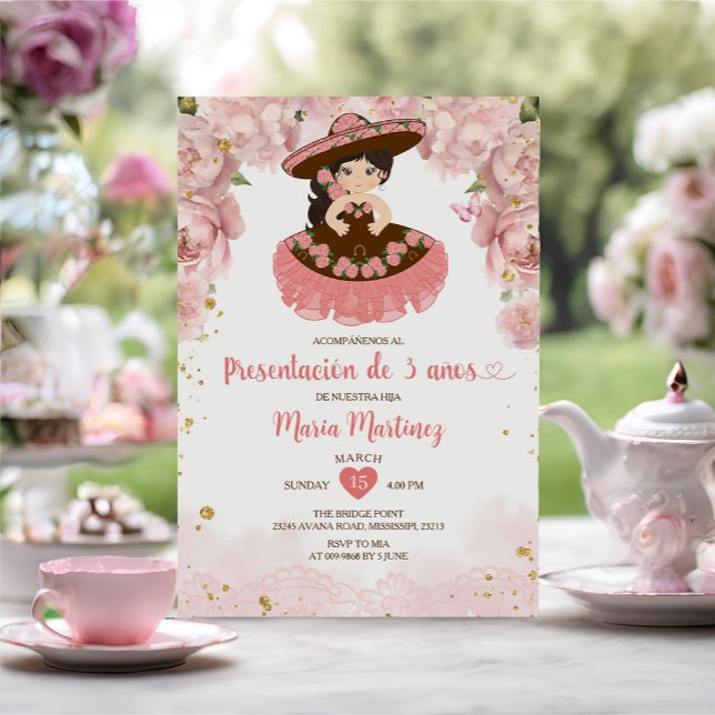 Pink Flowers Brown Girl Presentación De Tres Años Invitation (Creator Uploaded)