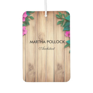 Pink flowers brown wood car air freshener