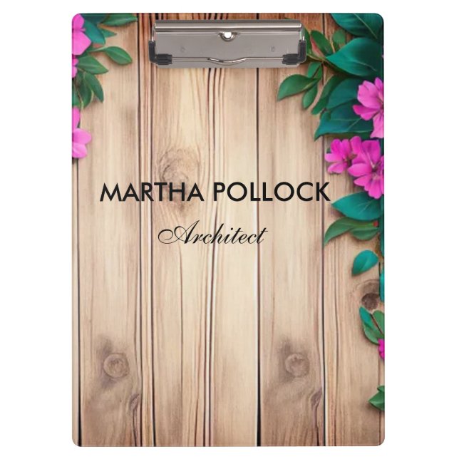 Pink flowers brown wood  clipboard (Front)