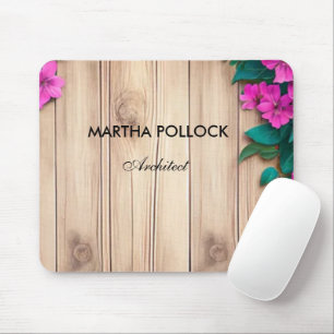 Pink flowers brown wood mouse pad