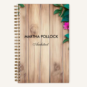 Pink flowers brown wood notebook