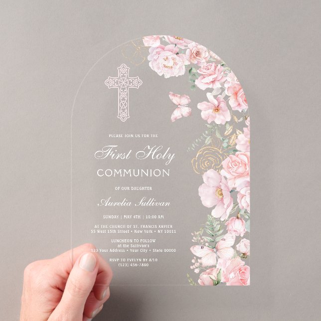 Pink Flowers Butterflies Arch First Communion Acrylic Invitations (Insitu (Handheld))