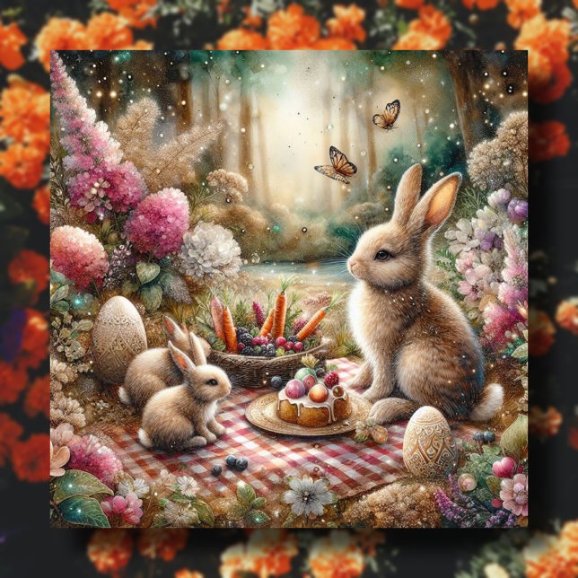 Pink Flowers Butterflies Bunny Easter Picnic  Holiday Card (Creator Uploaded)