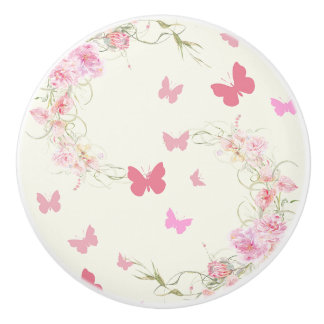 Pink Flowers, Butterflies, Pale Pink Background Ceramic Knob