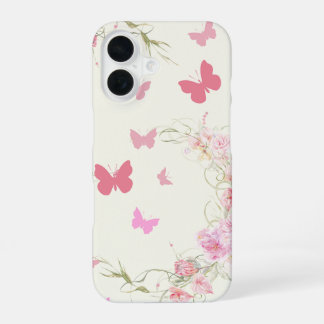 Pink Flowers, Butterflies, Pale Pink Background iPhone 16 Case