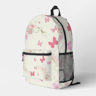 Pink Flowers, Butterflies, Pale Pink Background Printed Backpack
