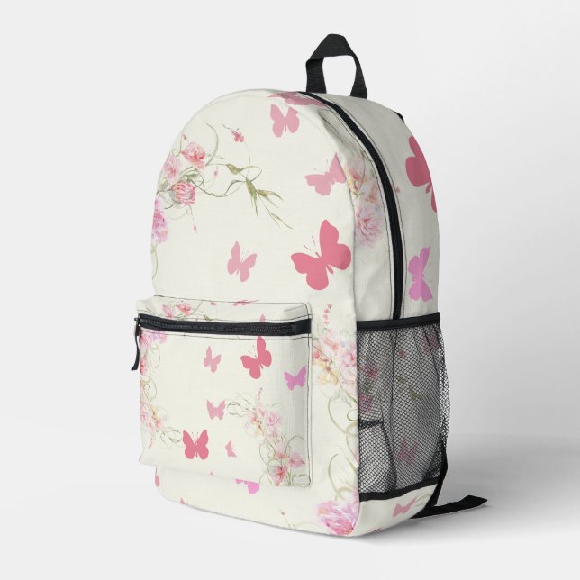Pink Flowers, Butterflies, Pale Pink Background Printed Backpack (Back Corner Right)