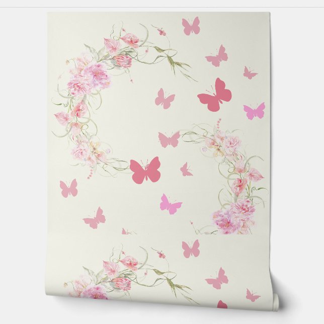 Pink Flowers, Butterflies, Pale Pink Background Wallpaper (Unrolling)