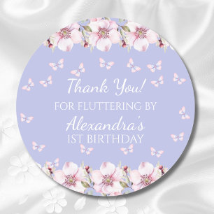Pink Flowers Butterfly 1st Birthday Thank You Classic Round Sticker