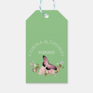 Pink Flowers & Butterfly on Green Wedding Gift Tags