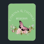 Pink Flowers & Butterfly on Green Wedding Magnet<br><div class="desc">Elegant design features watercolor pink rose spray bouquet with added pink butterfly on green background.  Add couple's name and date or other special message</div>