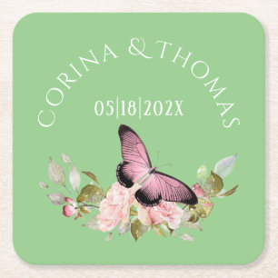 Pink Flowers & Butterfly on Green Wedding Square Paper Coaster