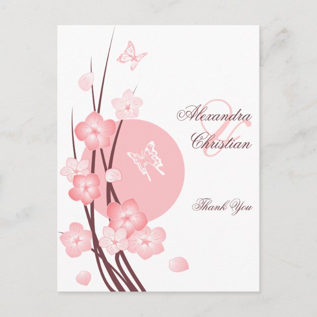 Pink Flowers Butterfly Thank You Postcard (Front)