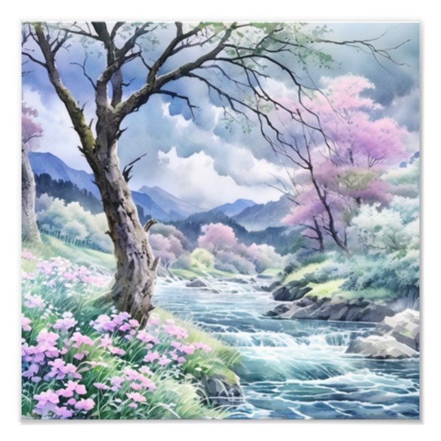 Pink Flowers by a Mountain River Photo Print (Front)