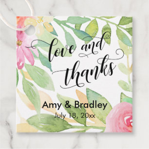 Pink Flowers & Calligraphy Love and Thanks Wedding Favour Tags