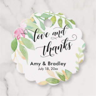 Pink Flowers & Calligraphy Love and Thanks Wedding Favour Tags