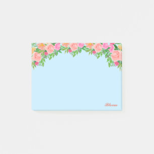 Pink flowers & calligraphy on light blue post-it notes
