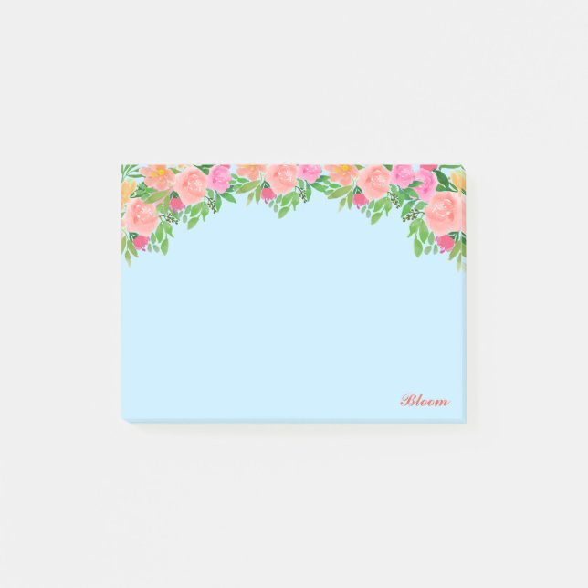Pink flowers & calligraphy on light blue post-it notes (Front)