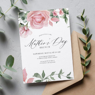 Pink flowers calligraphy script Mothers Day brunch Invitation