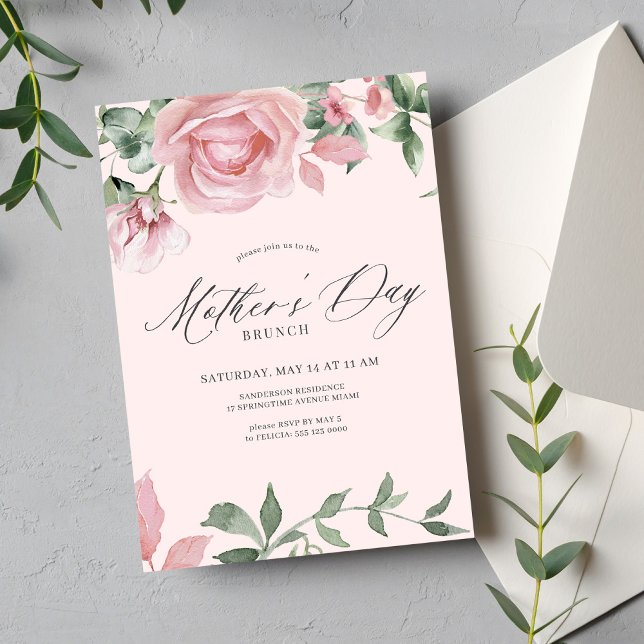 Pink flowers calligraphy script Mothers Day brunch Invitation (Creator Uploaded)
