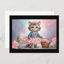 Pink Flowers Cat in Dress with Flower Basket