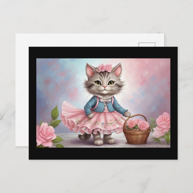 Pink Flowers Cat in Dress with Flower Basket Postcard (Front/Back)