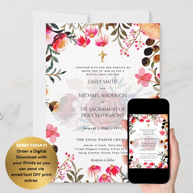 Pink Flowers  Catholic Nuptial Mass Wedding Invitation (Creator Uploaded)