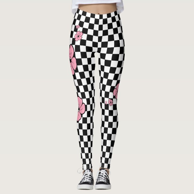 Pink Flowers Chequered Spandex Leggings (Front)