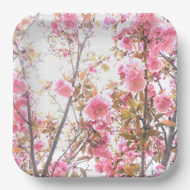 Pink Flowers Cherry Blossom Floral Patterns Cute Paper Plate (Front)