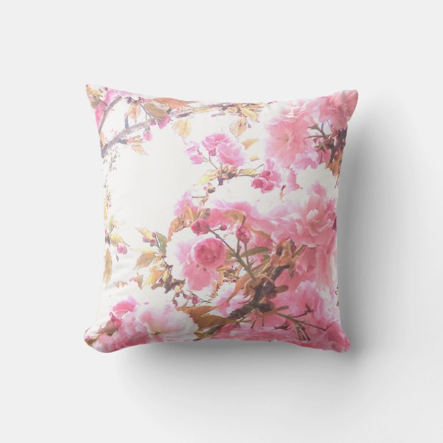 Pink Flowers Cherry Blossom Floral Patterns Sakura Cushion (Front)