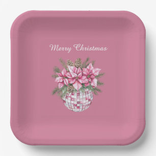 Pink Flowers Christmas Paper Plate