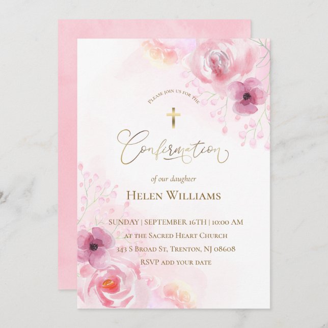 pink flowers | Confirmation Invitation (Front/Back)