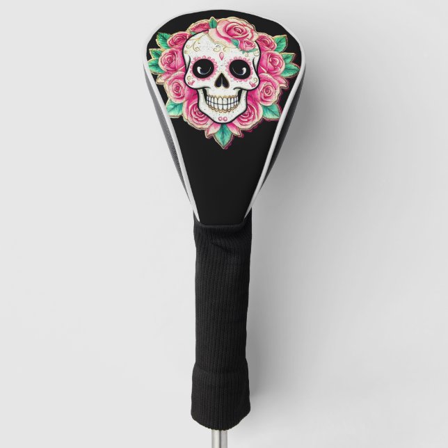 Pink Flowers Coquette Floral Skull Rose Skeleton Golf Head Cover (Front)