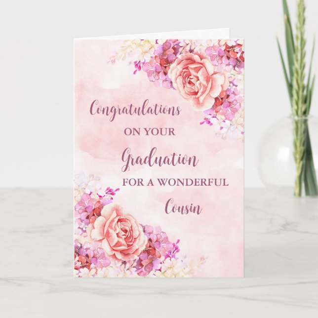 Pink Flowers Cousin Congratulations Graduation Card (Front)