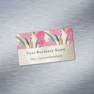 Pink Flowers & Cream Faux Leather Magnetic Business Card